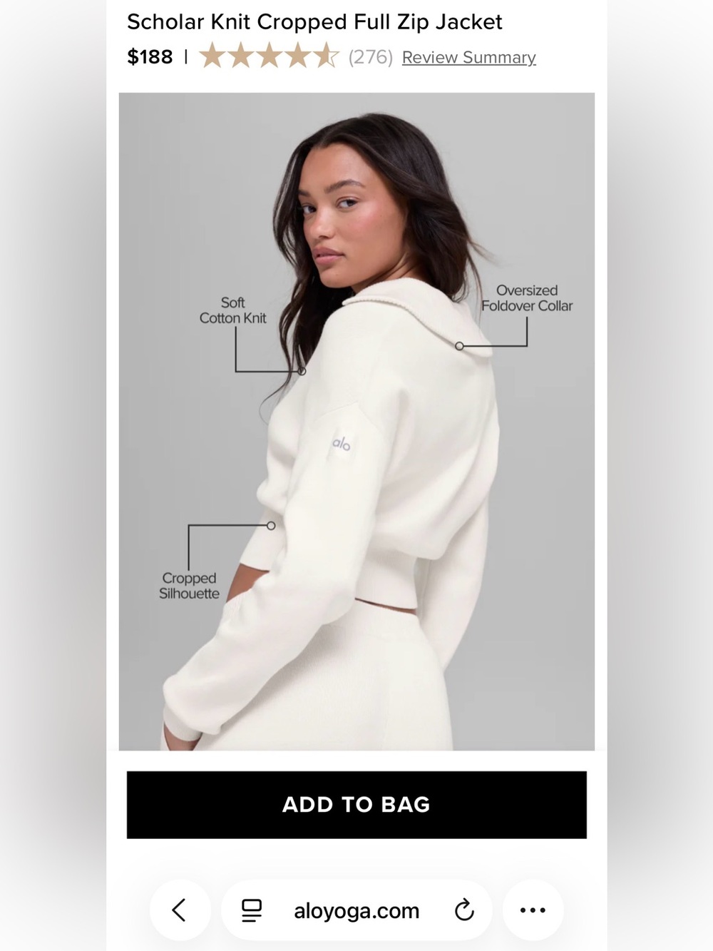 ALO Scholar Knit Cropped Full Zip Jacket IVORY Sz. XS $188 RETAIL - Picture 3 of 9